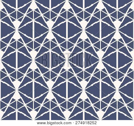 Vector Abstract Geometric Seamless Pattern. Navy Blue And White Background. Simple Ornament With Tri