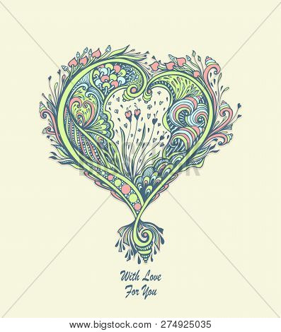 Creative Composition With Zen Tagle Heart In Vintage Style In Blue Green Pink For Post Card Of  Vale