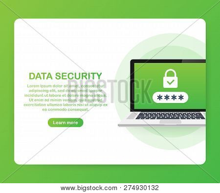 Computer Security Concept. Laptop With Shield And Lock On Table. Flat Vector Stock Illustration.