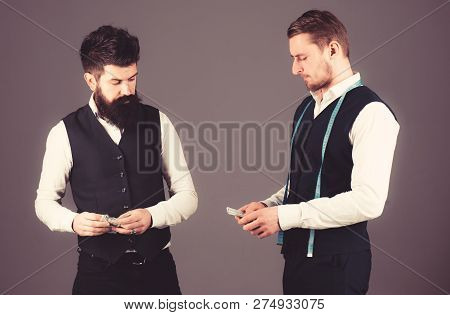 Overpayment Concept. Tailor, Greedy Designer Wants More Money