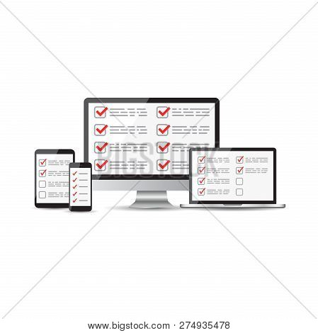 Online Survey, Checklist Set. Tablet, Computer, Mobile Blank Scr