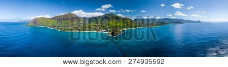 Aerial panorama of the west coast of Oahu near Makaha Valley, Hawaii
