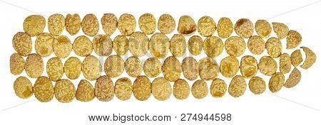 Corn Flakes Isolated On White In Shape Of Corn Cob. Cornflakes Closeup. White Background. Corn Flake