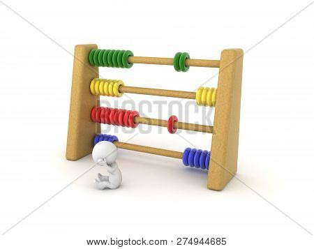 Cheerful 3d Character Next To Colorful Abacus. 3d Rendering Isolated On White.