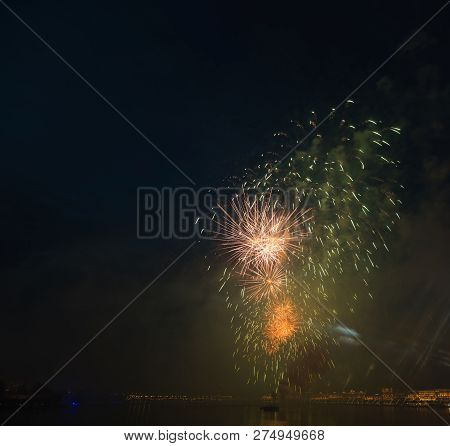 Night City Evining Firevork Above River Long Exposure Shoot Picture From Tripot