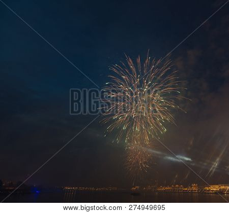 Night City Evining Firevork Above River Long Exposure Shoot Picture From Tripot