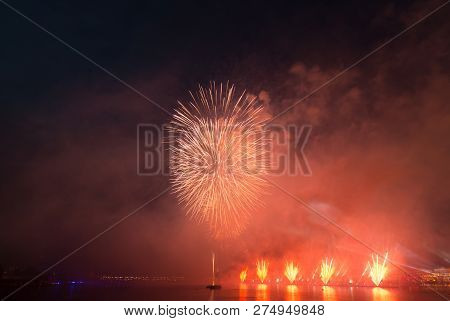 Night City Evining Firevork Above River Long Exposure Shoot Picture From Tripot