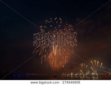Night City Evining Firevork Above River Long Exposure Shoot Picture From Tripot