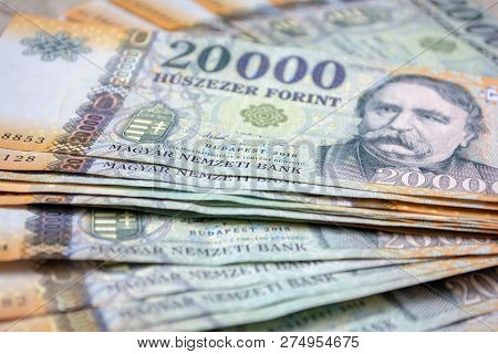Different Hungarian Banknotes, 20 Thousand Huf. Stack Of 20000 Forints.