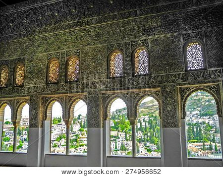 Granada, Spain - 2 May, 2015. Carved Wooden Windows View Granada. Alhambra Palace In Granada. Nasrid