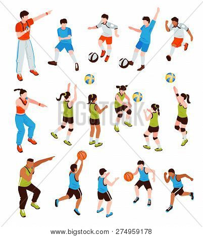 Isometric School Sport Kids Team Coach Set Of Isolated Human Characters With Team Members And Traine