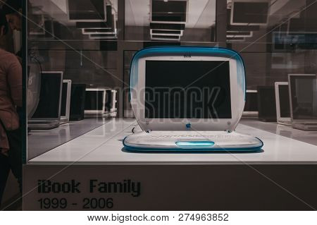 Prague, Czech Republic - August 28, 2018: Family Of Ibooks On Display Inside Apple Museum In Prague,