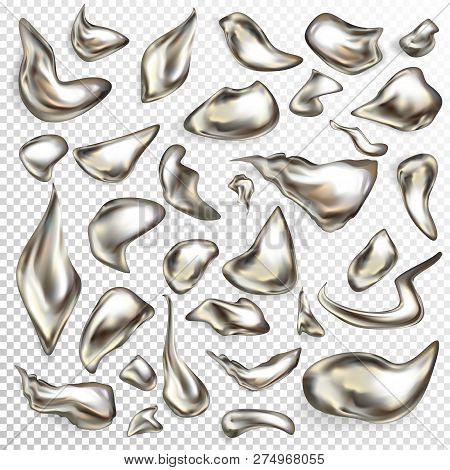 Various Shape Liquid Metal Drops 3d Realistic Vector Set Isolated On Transparent Background. Differe