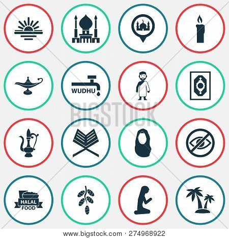 Holiday Icons Set With Candle, Koran, Arabian Abdest Elements. Isolated Vector Illustration Holiday 