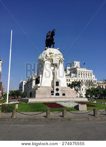 Lima, Peru - May 2nd, 2016: The Famous General Jose De San Martin Statue, In Popular Plaza San Marti
