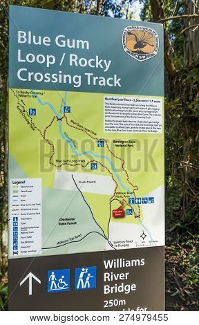 Dungog, Australia - Dec 27, 2017: Public Sign For Bush Trekkers At The Williams River Picnic Area. P