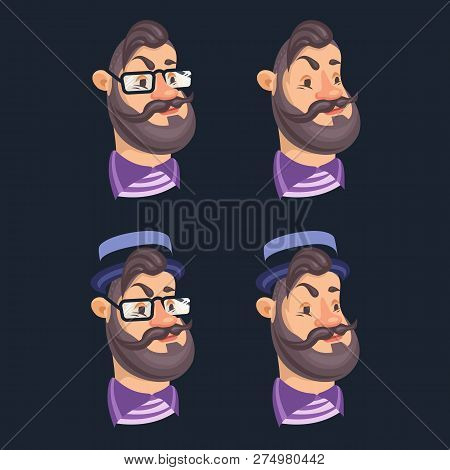 Set Of Vector Bearded Men Faces Hipsters With Retro Hat, Eyeglass, Haircuts, Mustaches, Beards. Hips