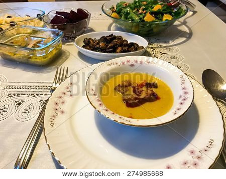 Turkish Lentil Soup At Dinner Table. Traditional Food.