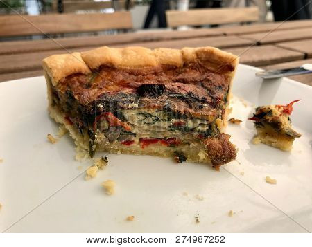 Turkish Food Quiche Tart Kis / Vegetable Pie Slice Served With Plate At Restaurant.