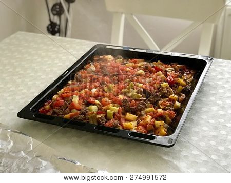 Freshly Baked Turkish Meat Food Turlu Mixed Vegetables With Cubed Meat On Tray