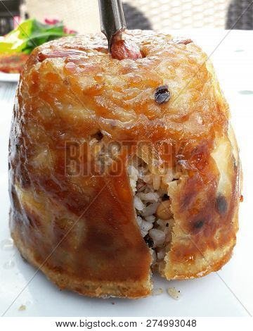 Turkish Perde Pilavi / Drape Pilaf With Chicken, Almond And Raisin.