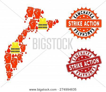 Strike Action Collage Of Revolting Map Of Kamchatka Peninsula, Grunge And Clean Stamps. Map Of Kamch