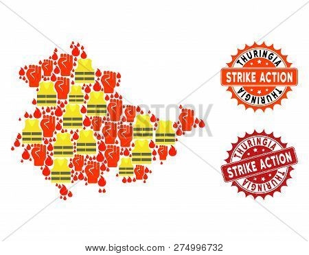 Strike Action Collage Of Revolting Map Of Thuringia State, Grunge And Clean Seals. Map Of Thuringia 