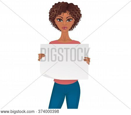 Cute Afro-american Woman Holding An Empty Piece Of Paper.