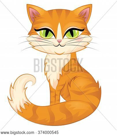 Cute Redhead Cat With Green Eyes Isolated On White.