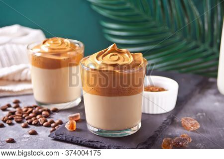 Dalgona Coffee. Fluffy Creamy Whipped Coffee On The Concrete Background. Trendy Beverage.