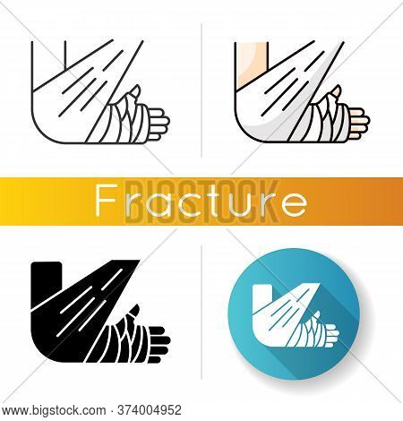 Bone Fracture Icon. Injured Arm In Plaster. Wounded Limb In Bandage. Hurt Elbow. Trauma Treatment. H