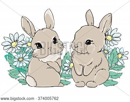 Cute Bunny Sits In Flowers, Daisies. Print For Childrens Textiles, Poster Design, Nursery. Fluffy Ra