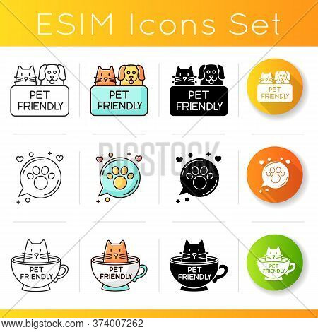 Pet Friendly Emblems Icons Set. Four-legged Friends Allowed Territories, Kitty And Doggy Permitted, 
