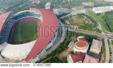 Aerial View - The Largest Stadium Of Bekasi From Drone. Indonesia. With Smog Pollution. Bekasi, Indo