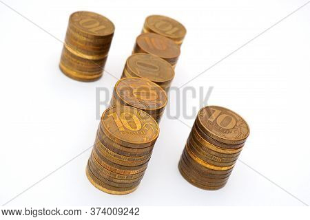 The Percent Sign Laid Out By Piles Of Russian 10-ruble Coins. Close-up