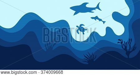 Abstract Background, Poster, Banner. Sea, Ocean, Waves With Shark, Turtle And Fish. Composition Of A