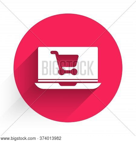 White Shopping Cart On Screen Laptop Icon Isolated With Long Shadow. Concept E-commerce, E-business,