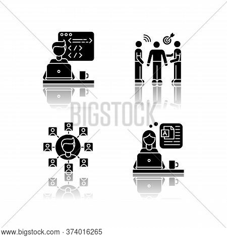 Distant Works Drop Shadow Black Glyph Icons Set. Web Developer, Public Relations Officer, Blogger An