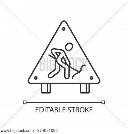 Roadsign Pixel Perfect Linear Icon. Road Works Ahead Sign. Man Digging With Shovel. Thin Line Custom