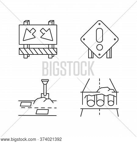Road Works Pixel Perfect Linear Icons Set. Traffic Sign For Cars To Take Detour. Patching Paving. Cu