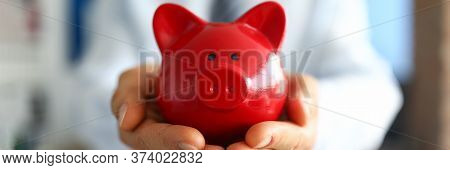 Close-up Of Man Holding Bright Red Piggy Bank. Persons Hand With Container For Saving Money. Cash Fo