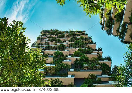 Milan, Italy, 06.29.2020: Vertical Forest (bosco Verticale) Innovative Green House Skyscraper Repres