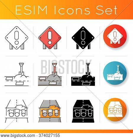 Road Works Icons Set. Attention Roadsign. Patching Works. Pothole In Pavement. Pipe Replacement. Civ