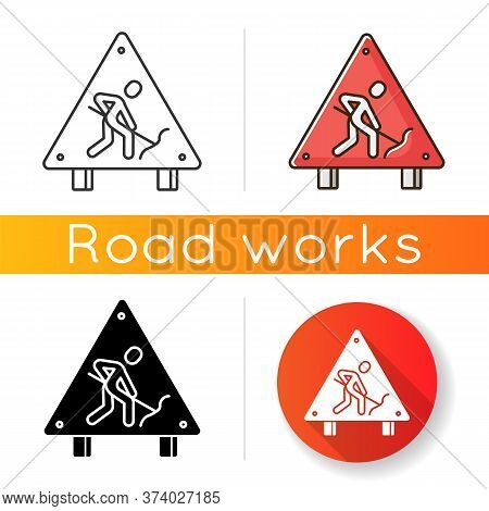 Roadsign Icon. Road Works Ahead Sign. Man Digging With Shovel. Attention Plate For Street Block. Rep