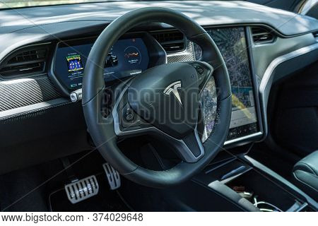 Hossegor, France, 22.06.2020 . Tesla Dashboard. Car Interior Details. Luxury Beauty Concept. . High 