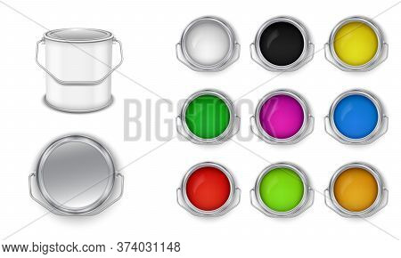 Open Cans With Building Paint Multicolored Vector Set. Front View.