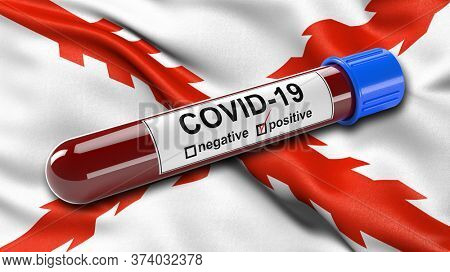 Flag of Chuquisaca waving in the wind with a positive Covid-19 blood test tube. 3D illustration concept for blood testing for diagnosis of the new Corona virus.