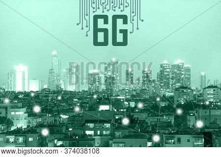 6g Technology. Conceptual Abstraction. Modern City And Communication 6g Network, Smart City. Green T