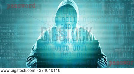 Anonymous Internet Hacker In Front Of Computer. Web Crime Concept