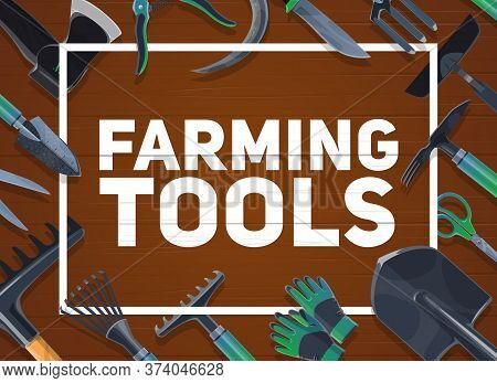 Gardening And Farming Hand Tools, Agriculture. Vector Shovel And Ax, Averruncator And Scissors, Glov